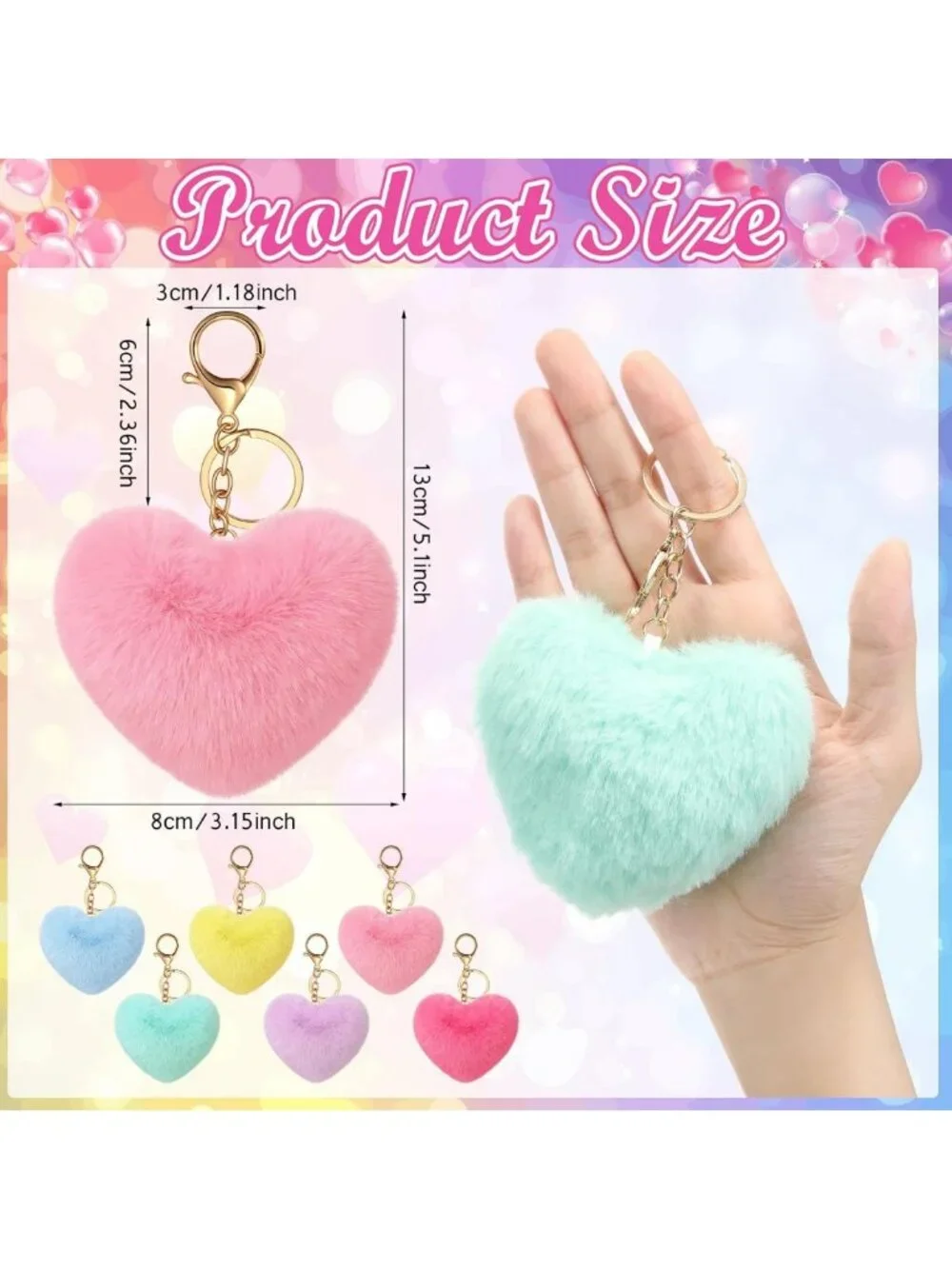 12 Pcs Heart Pom Keychains - Colorful Faux Fur Gifts for Mom & Women, Bulk Set